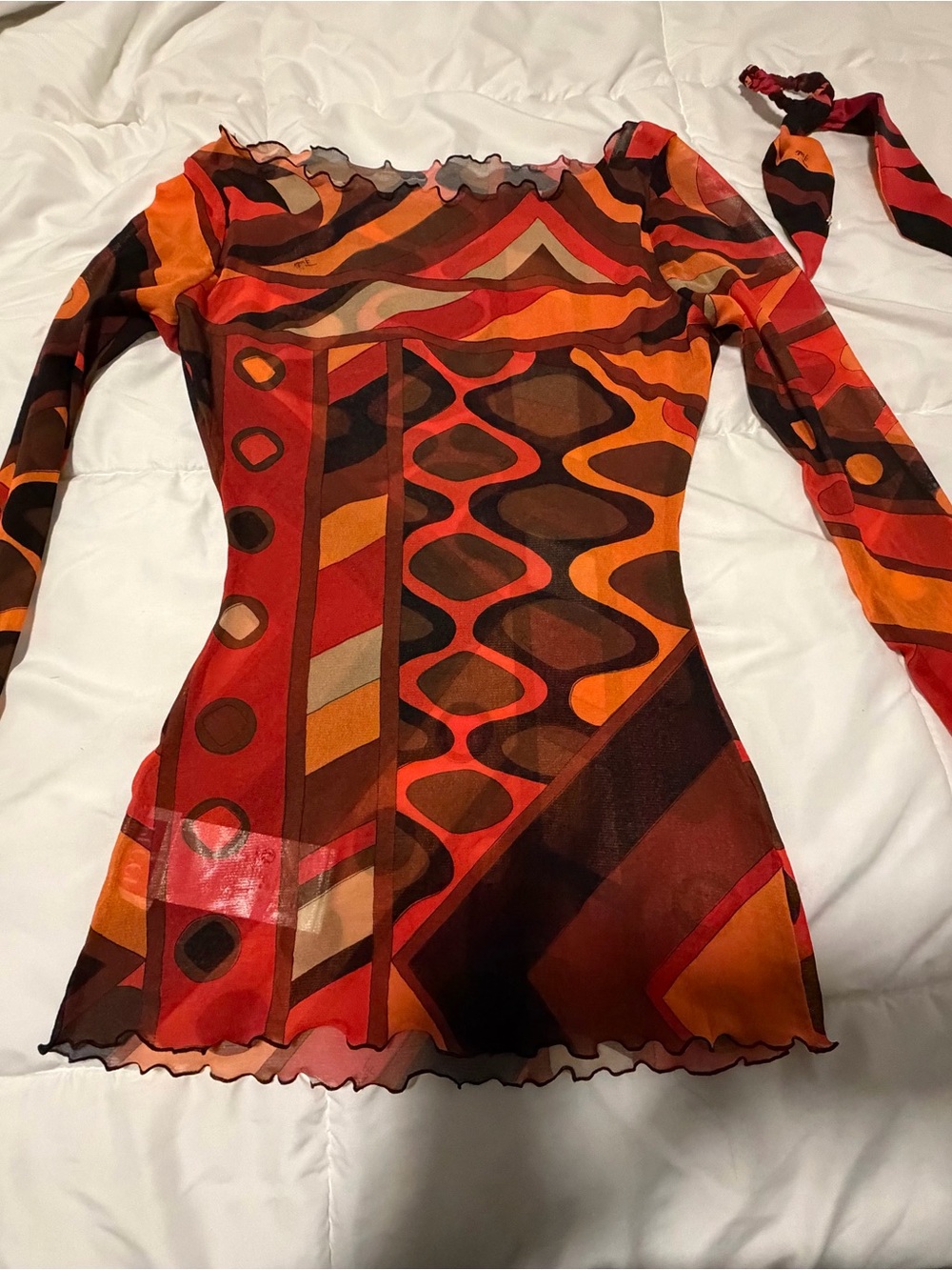 Emilio Pucci Red & Orange Geometric Sheer Long Sleeve Top and Pucci hair tie